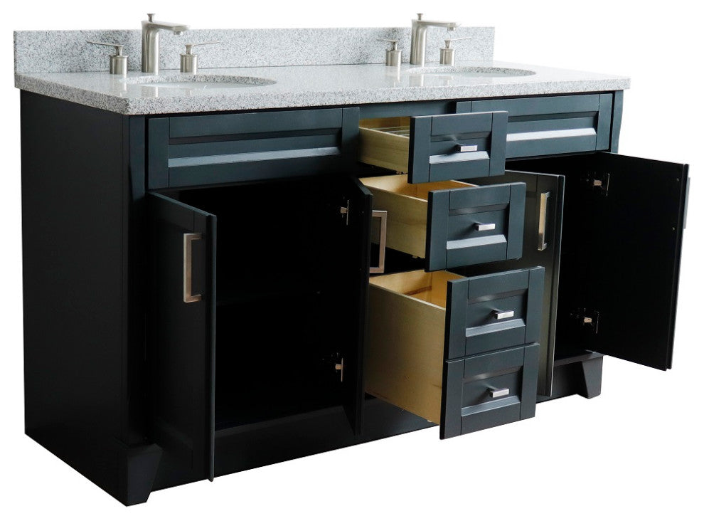 61" Double Sink Vanity, Dark Gray Finish And Gray Granite And Oval Sink