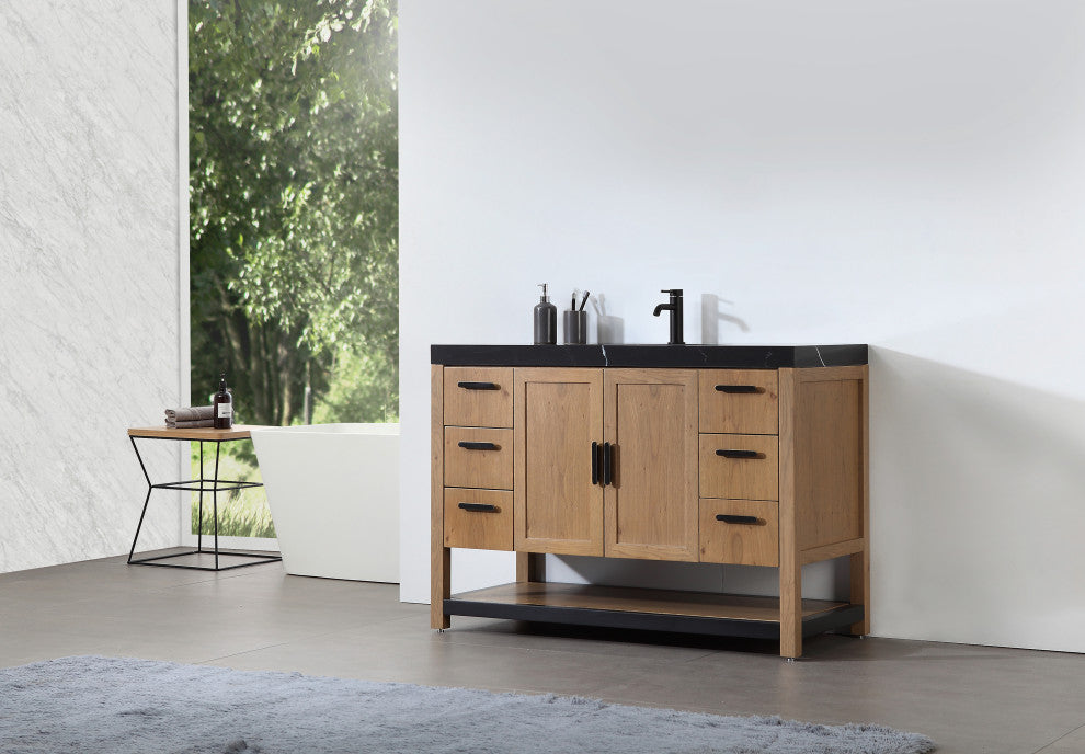 WINCHESTER Freestanding Modern Bathroom Vanity, Pecan Oak, 48", Black Countertop