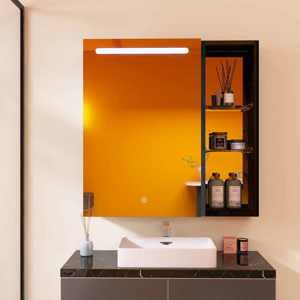 30" Aluminum Surface Mount 1-door Medicine Cabinet with Mirror and LED Lights