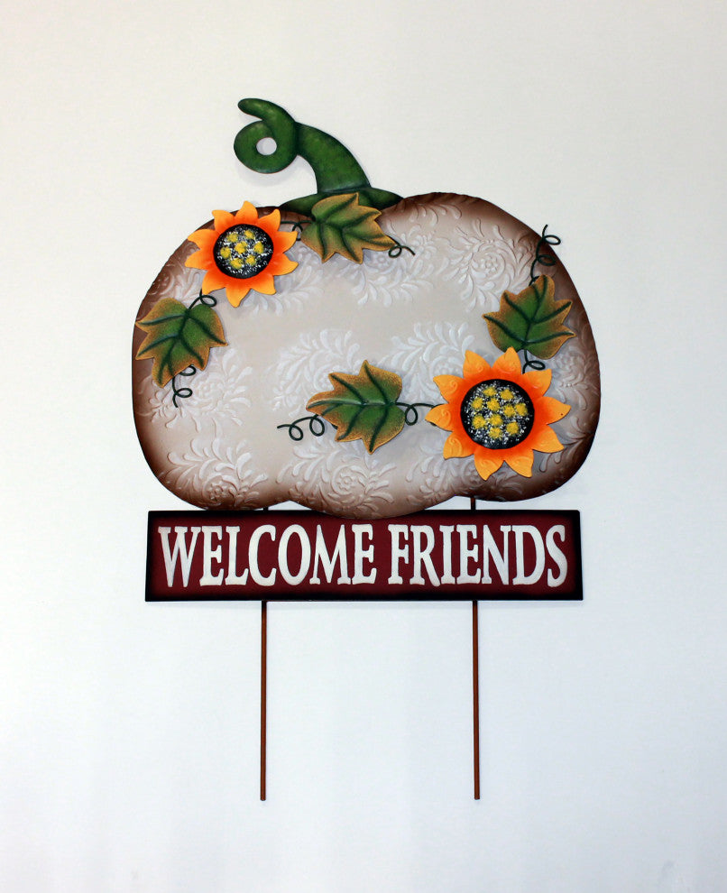28" Metal Welcome Friends Pumpkin Stake With Metal Sunflowers