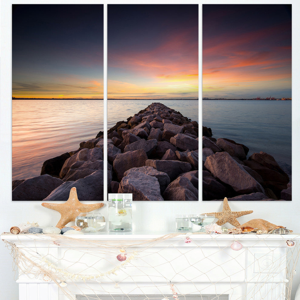 "Long Stone Bridge into Beautiful Sea" Metal Wall Art, 3 Panels, 36"x28"
