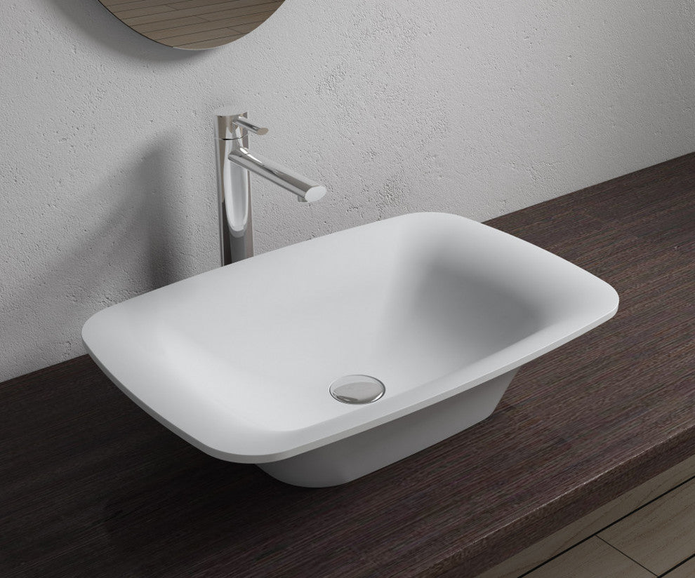 Polystone Rectangular Vessel Bathroom Sink, Glossy White, No Faucet