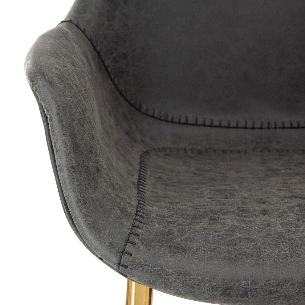 LeisureMod Markley Modern Leather Dining Armchair With Gold Legs, Charcoal Black