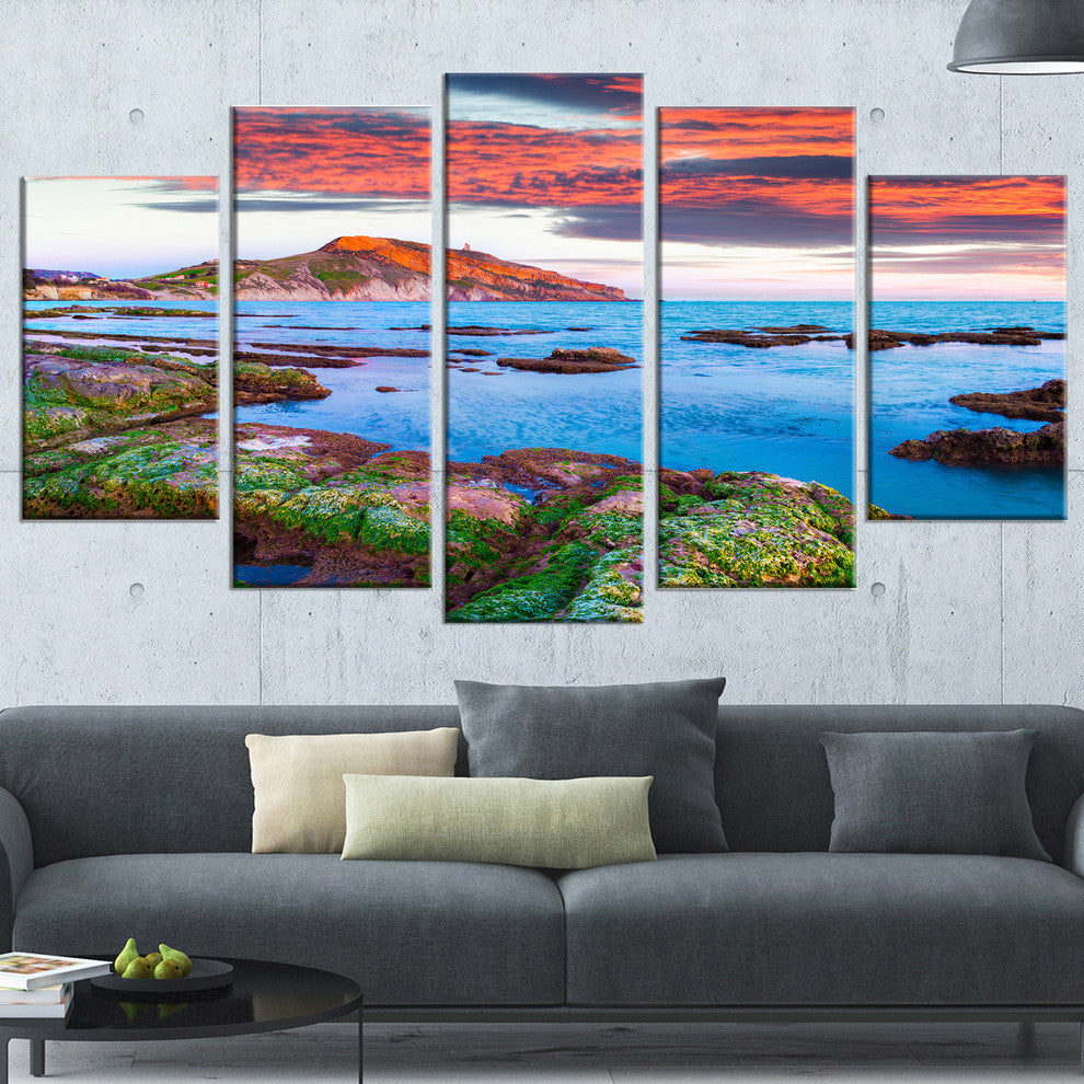 "Colorful Giollonardo Beach Sunset" Modern Seashore Wall Art, 5 Panels, 60"x32"
