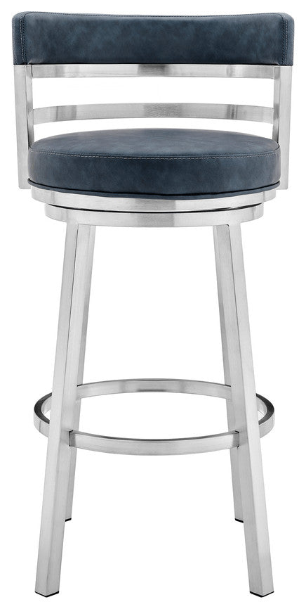 40" Blue Faux Leather And Iron Swivel Low Back Bar Height Chair