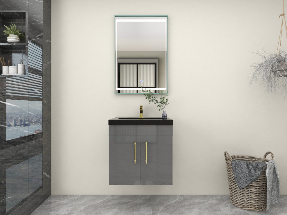 Rosa 24" WALL MOUNTED Modern Vanity, High Gloss Gray, Matt Black Top