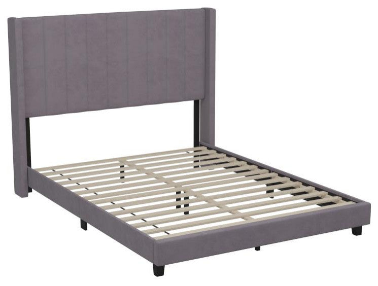 Bianca Upholstered Platform Bed w/Vertical Stitched Wingback Headboard, Gray Velvet, Queen