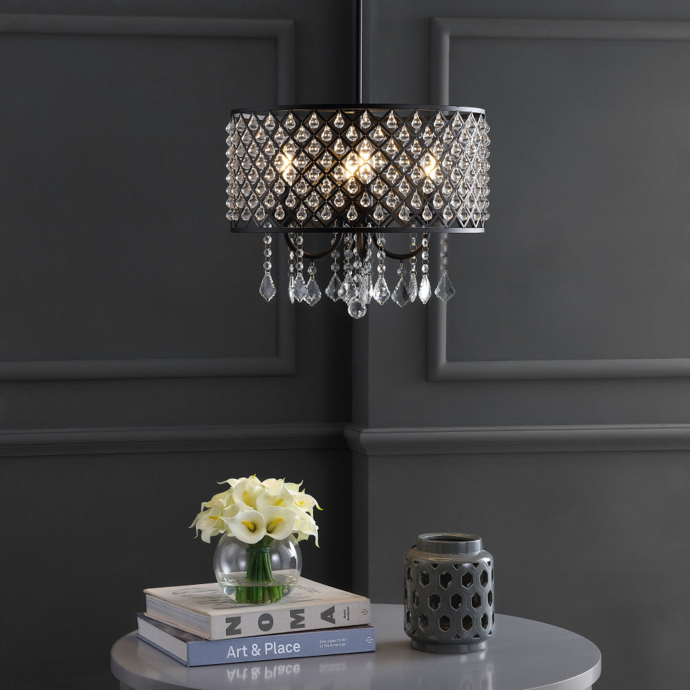 Gigi Metal and Crystal Adjustable LED Drop Pendant, Black and Clear, 17