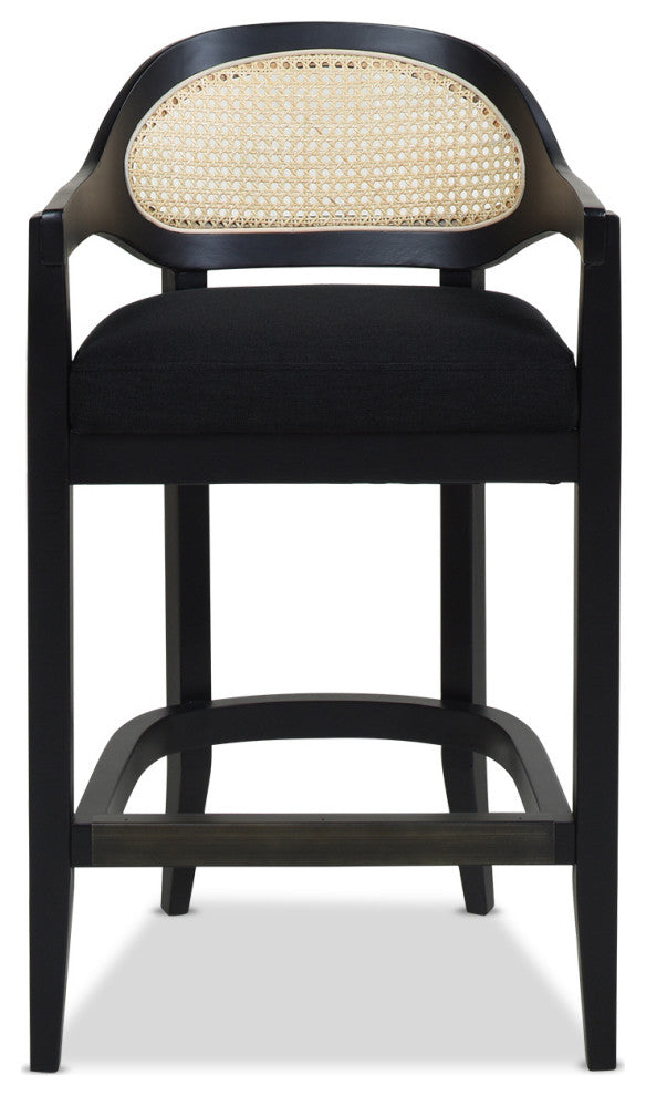Americana Mid-Century Modern Rattan Cane Back Stool, Jet Black Woven, 26" Counter Height