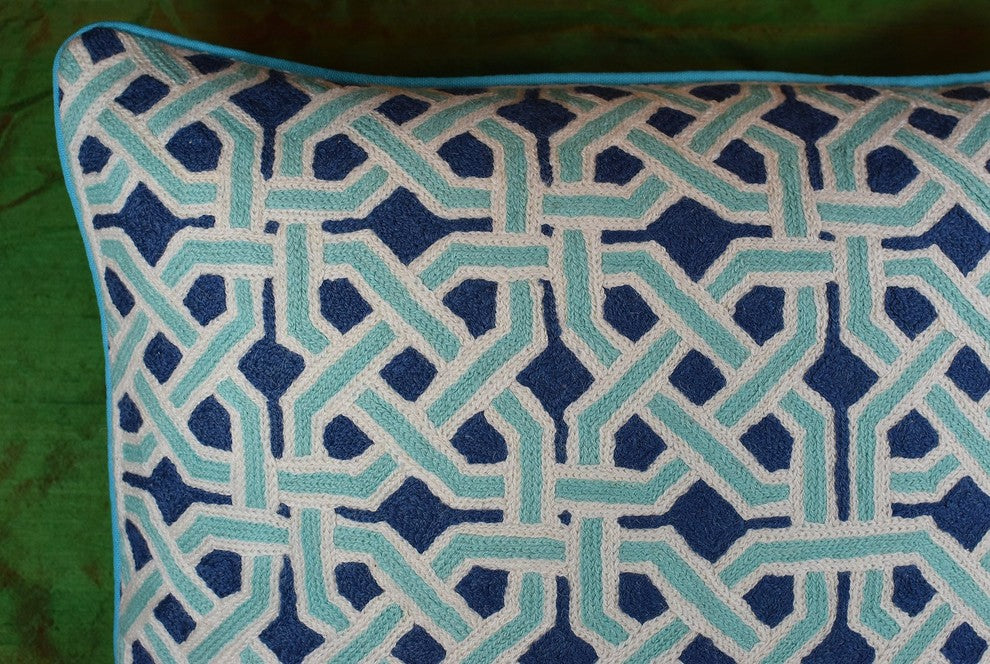 Mosaic Celtic Knot Turquoise Decorative Pillow Cover Handembroidered Wool 20x20"