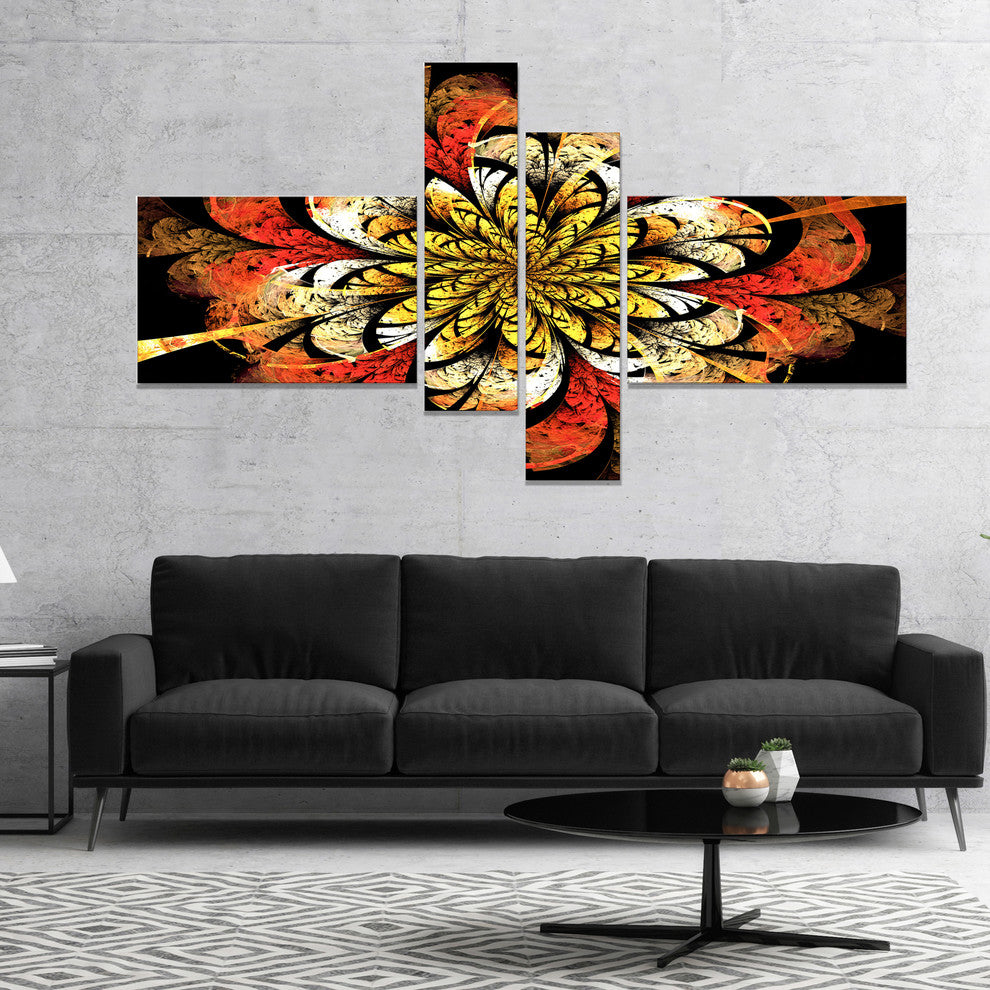 Dark Yellow Orange Fractal Flower, Abstract Wall Art Canvas, 60"x32", 4 panels