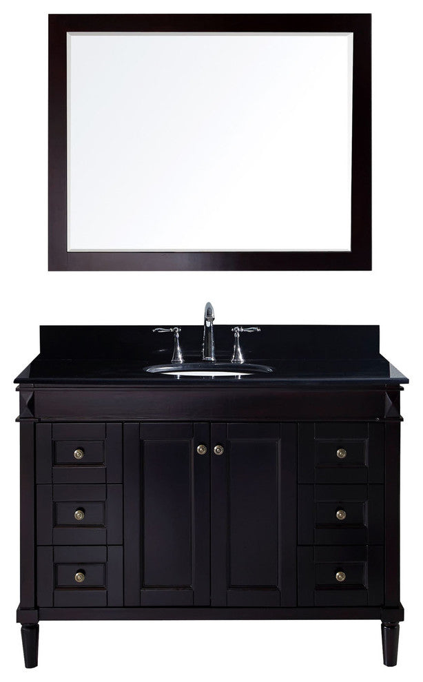 Virtu Tiffany 48" Single Bathroom Vanity, Espresso , Black Granite Top, Mirror