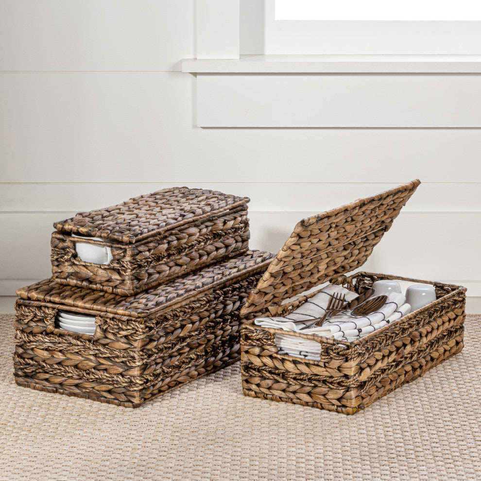 Sandrine Classic Handwoven Hyacinth Storage Baskets With HandleS, Lids, Set 3