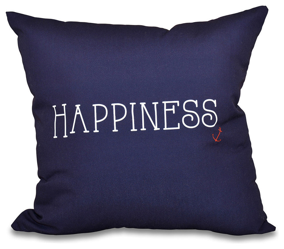 18"x18" Nautical Happiness, Word Print Pillow, Navy Blue