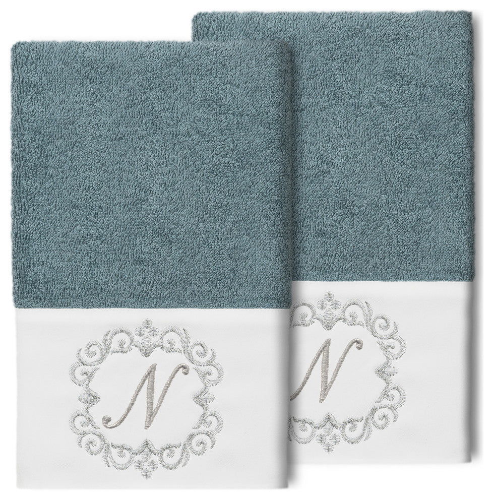 Linum Home Turkish Cotton Monica 2-Piece Embellished Hand Towel Set, Teal