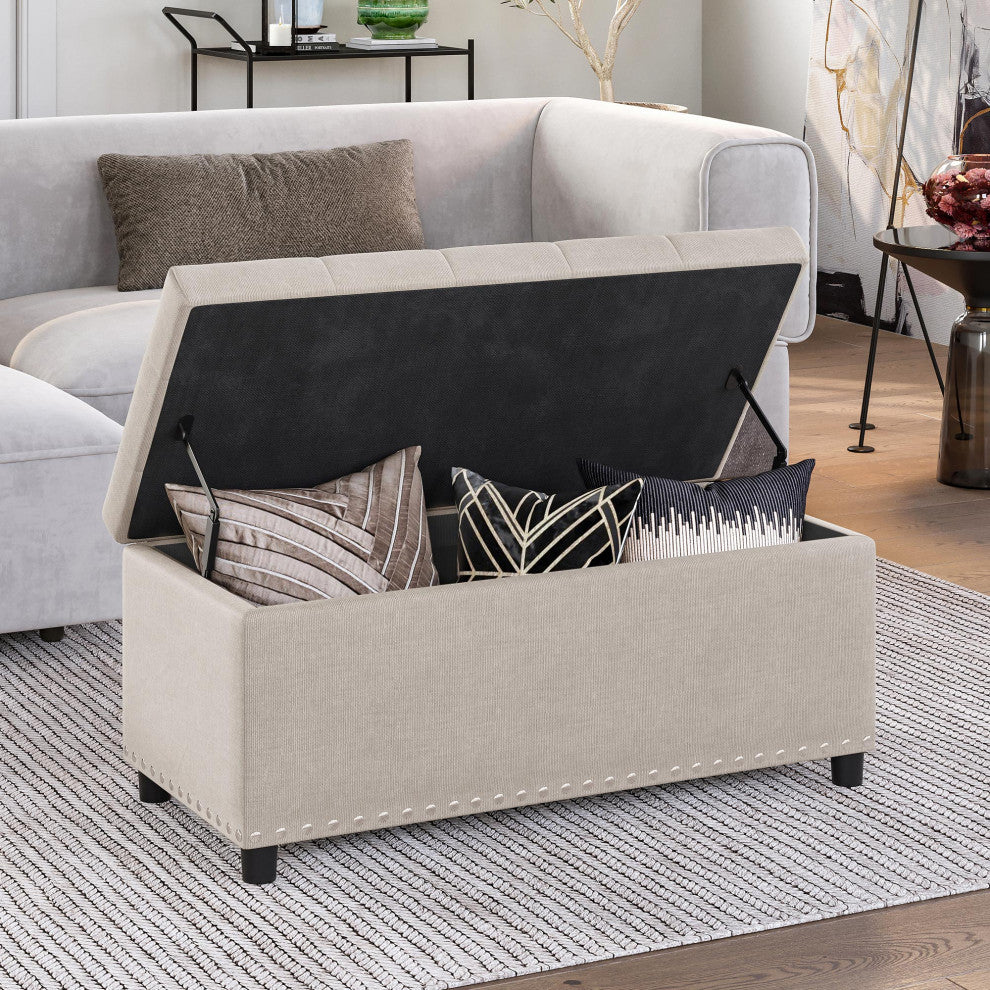 35" Storage Ottoman, Button-Tufted Linen Storage Bench - Beige