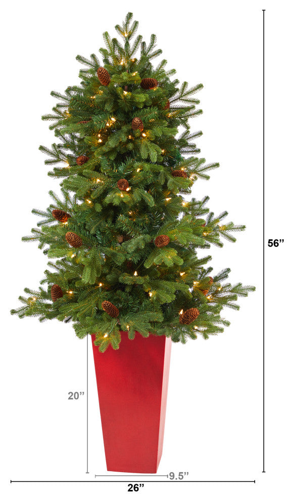 56" Yukon Mountain Fir Faux Xmas Tree W/Lights, Pinecones & Bendable Branches