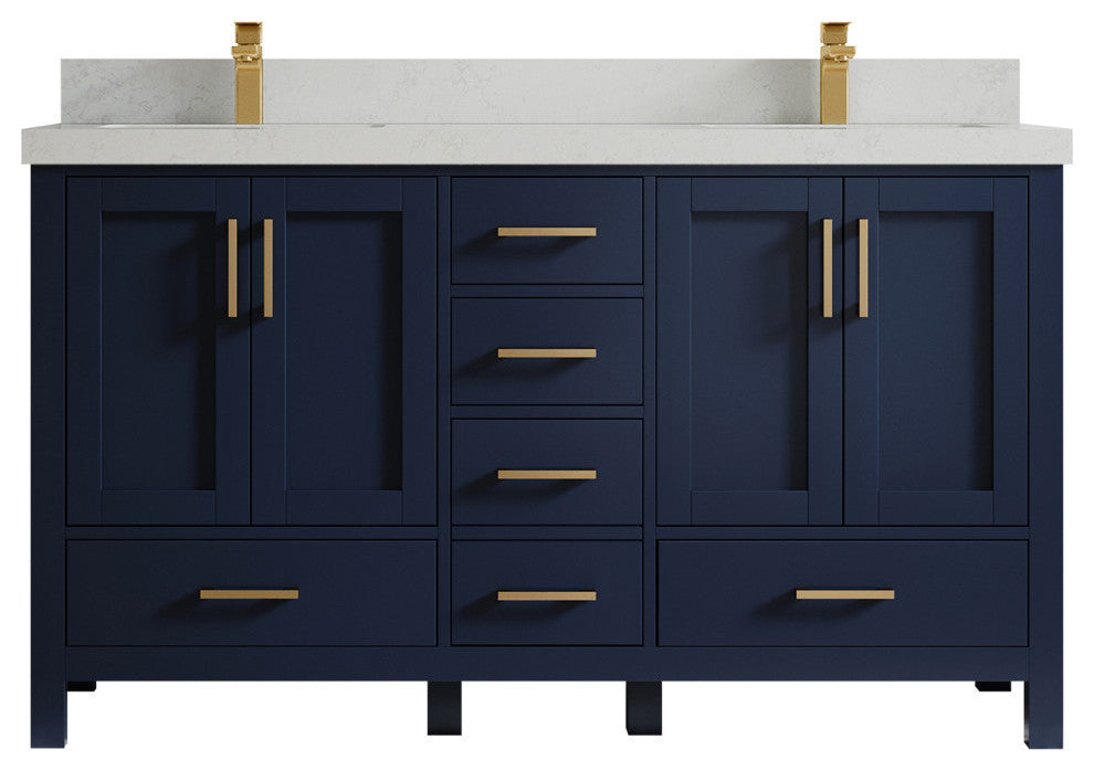 Malibu 60 Double Sink Bathroom Vanity in Navy Blue 2" Carrara Quartz