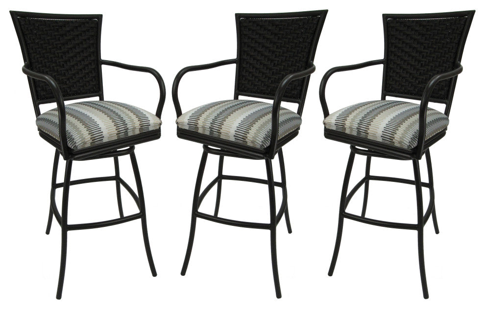 Set of 3, Outdoor/Indoor Swivel Bar Stools Erin, Linen Sun Stripe on Black, 26"