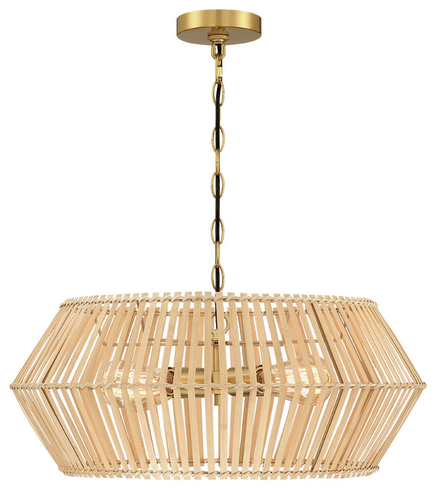 22" W 4 Light Bohemian Bamboo Chandelier With Brass Canopy