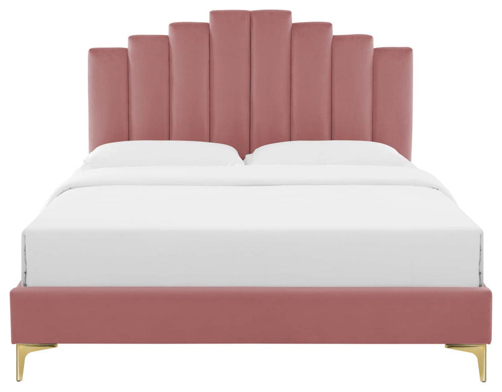 Platform Bed Frame, King Size, Velvet, Pink, Modern Contemporary, Bedroom Master