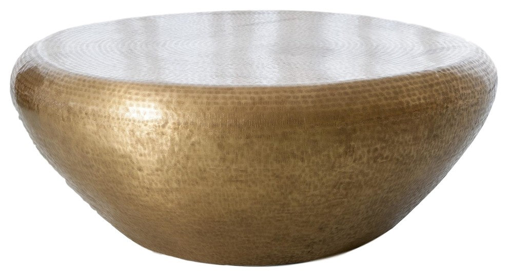 Hammered Brass Drum Round Coffee Table, Large Minimalist Modern Gold 47"
