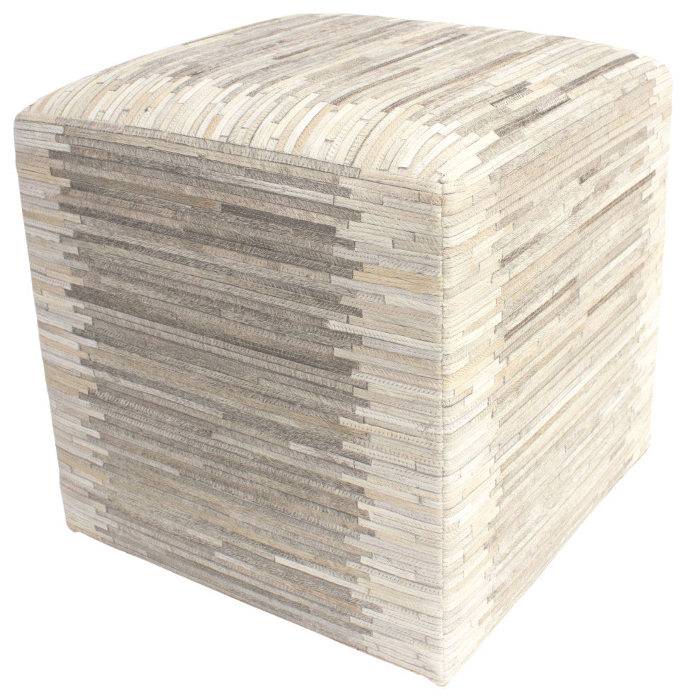 Decor Maisonette Striped Hide Pouf Maxwell, Beige, 18"