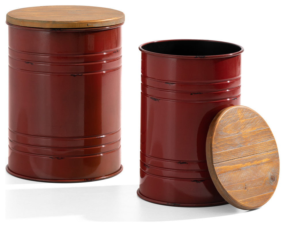 Farmhouse Metal With Solid Wood Seat Storage Stool, Set of 2, Red