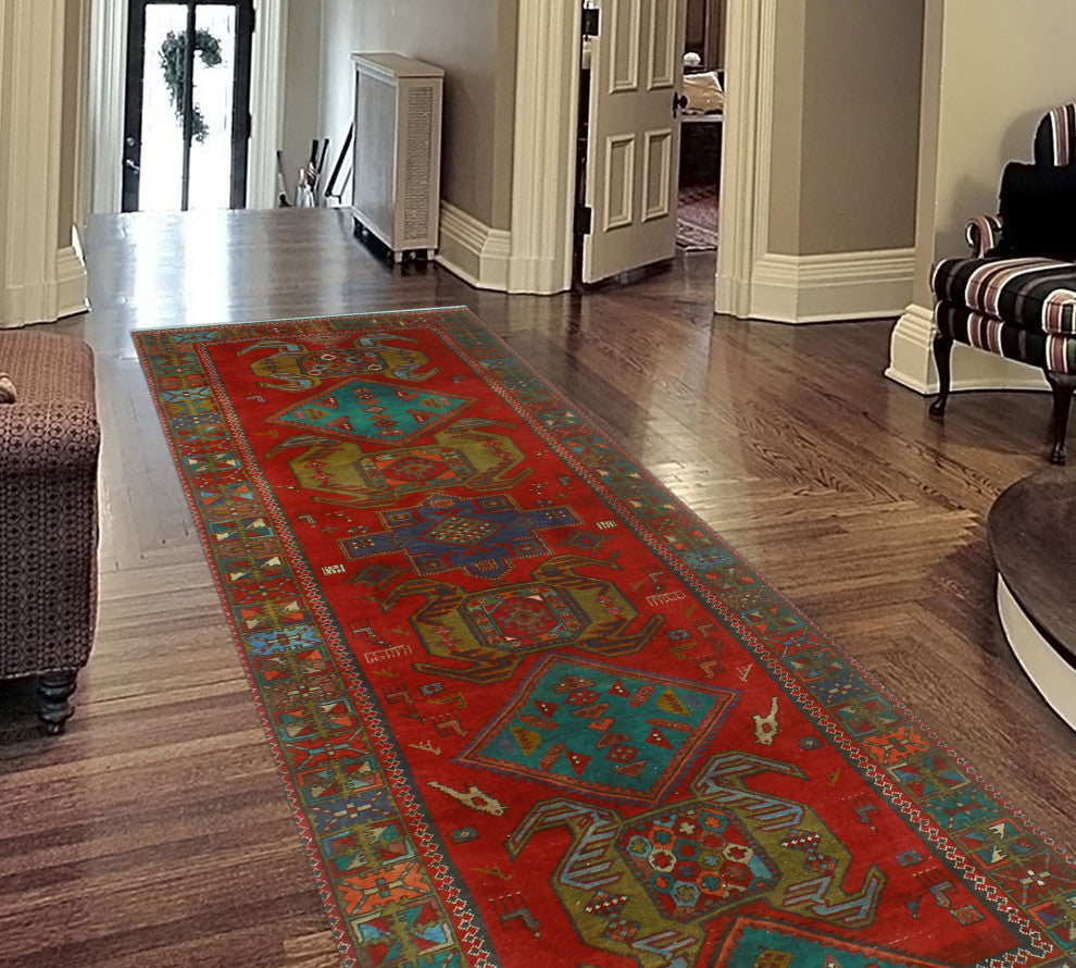 Fine Vintage Distressed Carolina Red/Navy Runner, 3'10x10'10