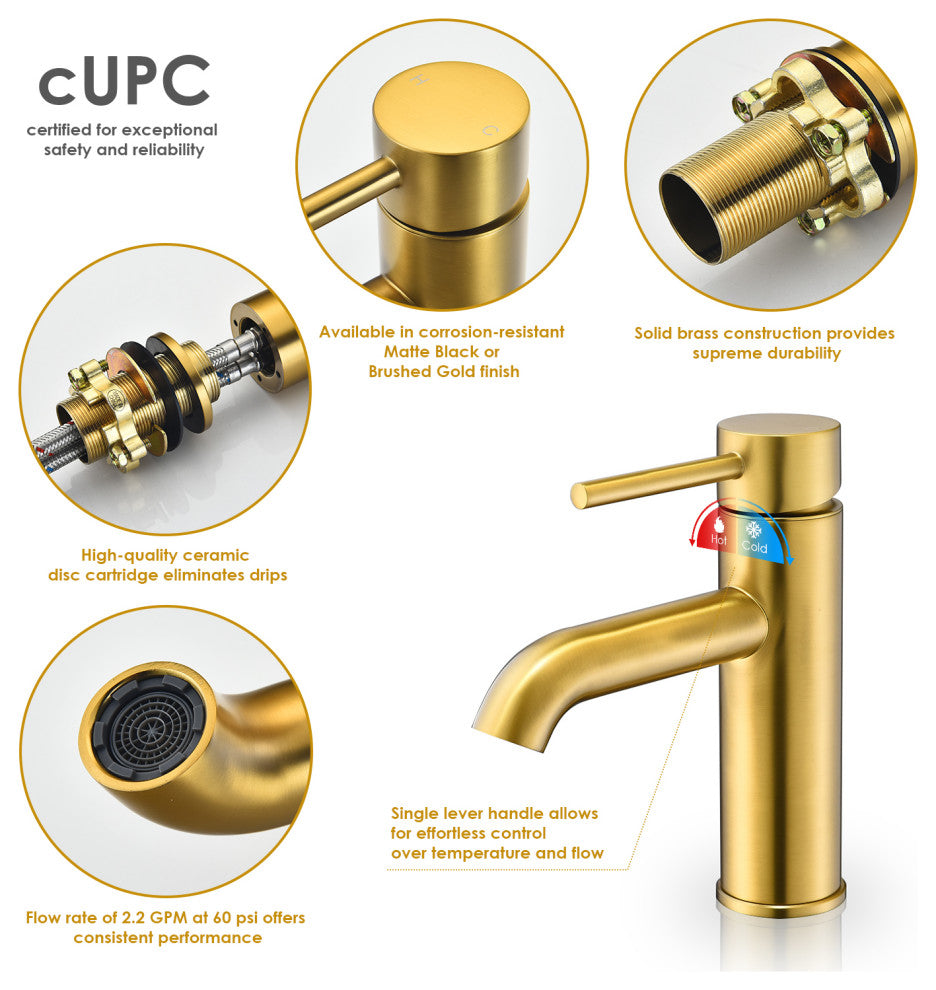 Tubize Single Hole Single-Handle Bathroom Faucet, Brushed Gold