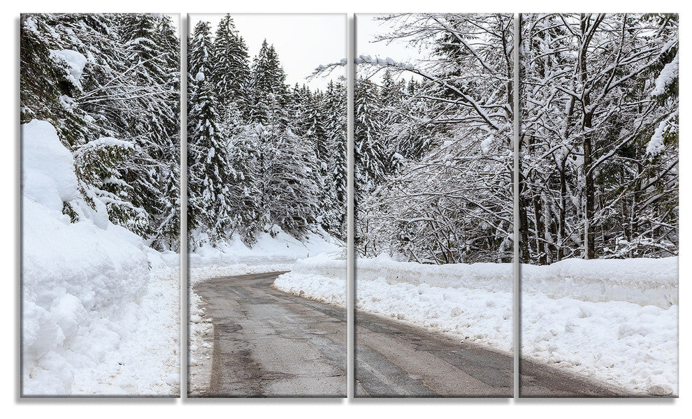 Foggy Winter Road in Slovenia, Large Landscape Canvas Art, 48"x28", 4 Panels