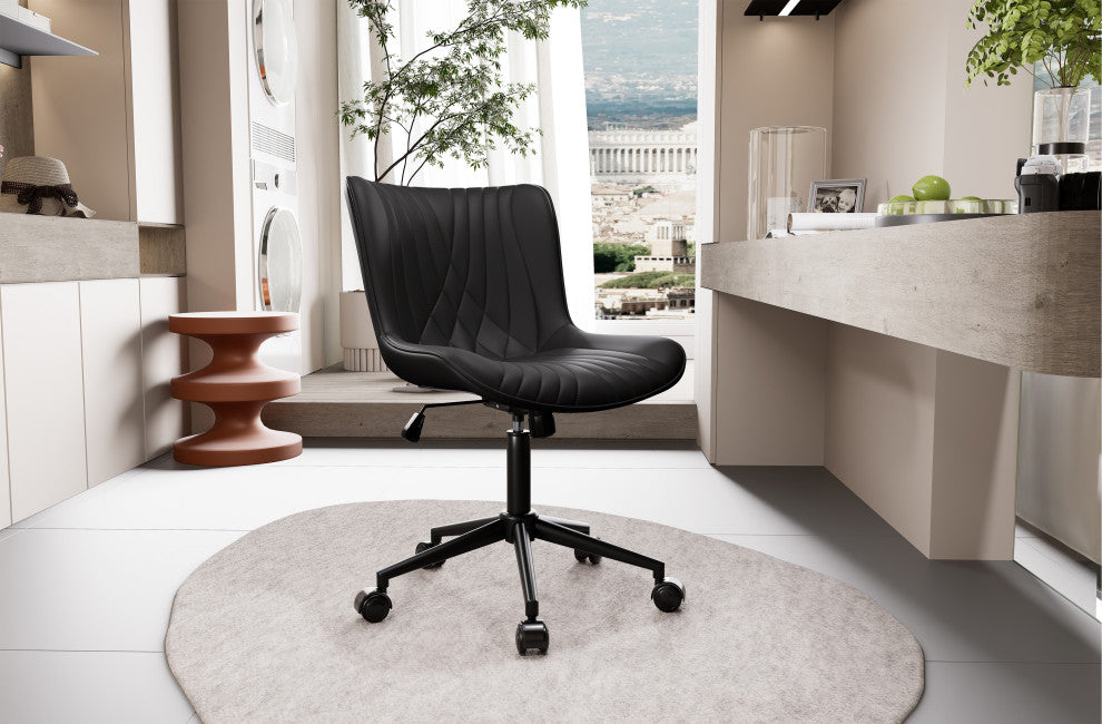 Younike Armless Upholstered Faux Leather Rolling Office Chair, Black