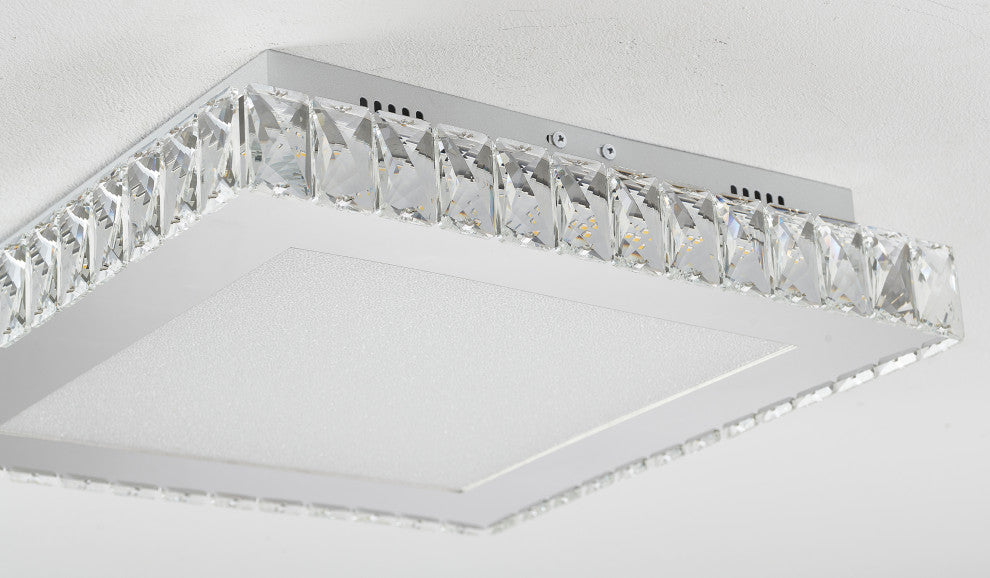 Square Clear Crystal Flush Mount, Stainless Steel Frame, Beaded Crystal Cover