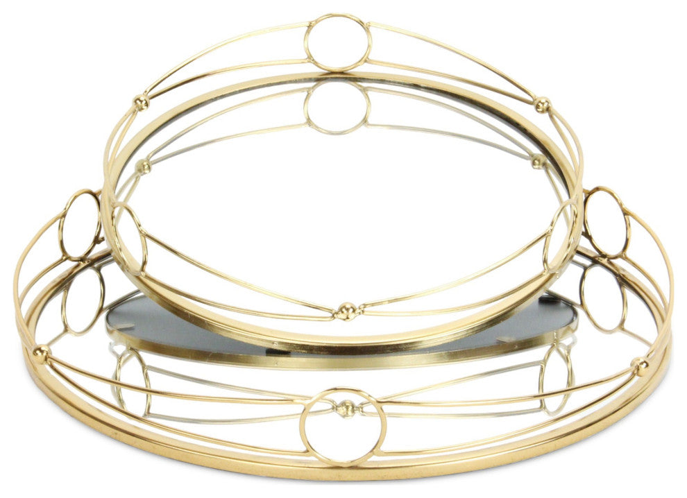 Mianzi Round Tricircle Rim Gold Metal Trays (Set of 2)