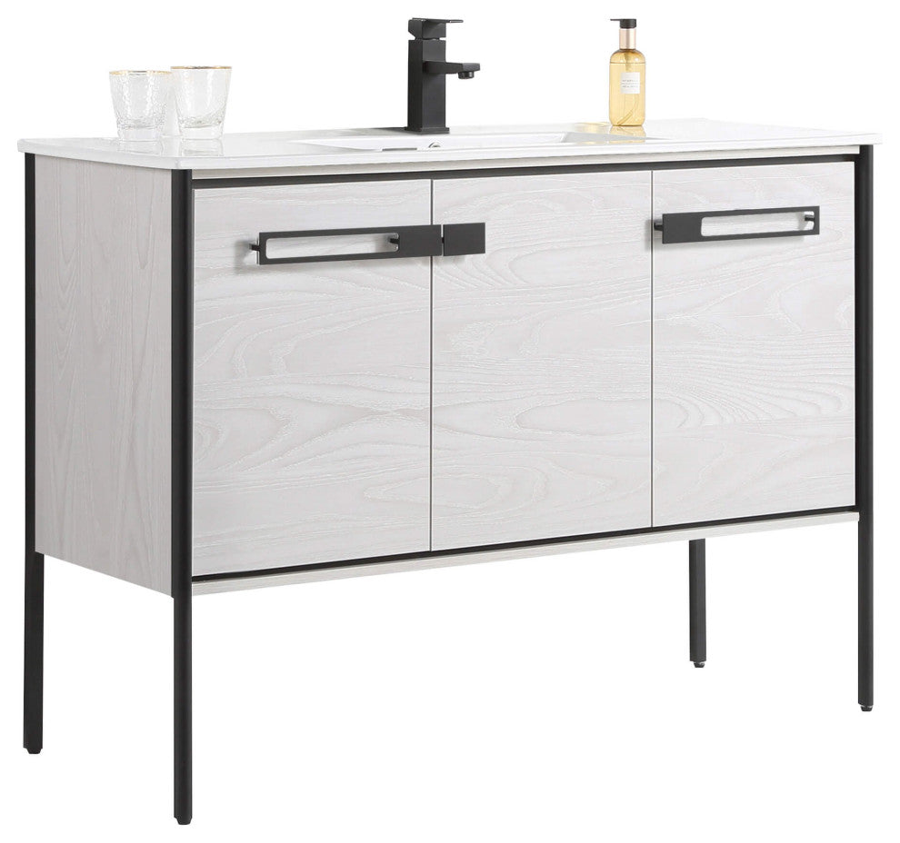 Oakville Bath Vanity, Ceramic Sink, Mild Grey Oak, 48 Inch, Black Hardware