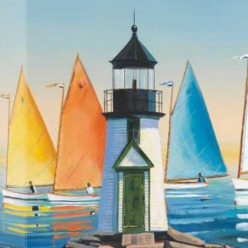 Colorful Sailboats With Lighthouse 3 Giclee Wrap Canvas Wall Art
