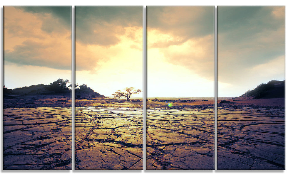 Cracked Drought Land with Sunshine, Landscape Canvas Art, 48"x28", 4 Panels