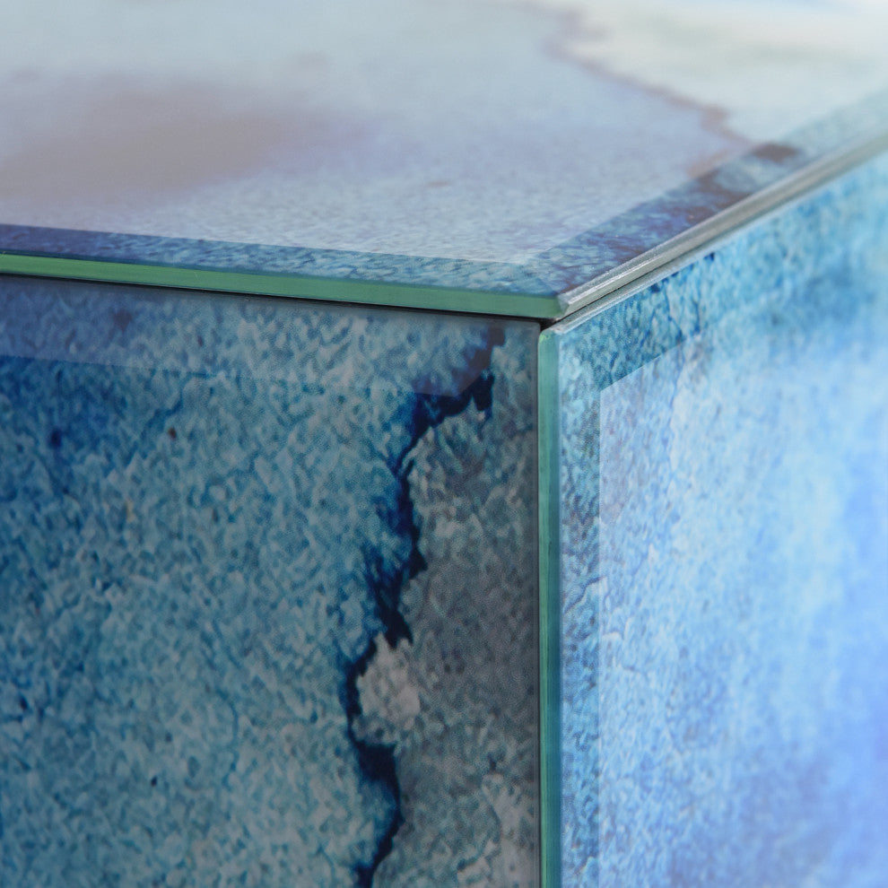 "Subtle Blues II"Reverse Printed Art Glass Cocktail Table with Black Plinth Base