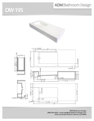 ADM Rectangular Countertop Sink, White, 48", Matte White