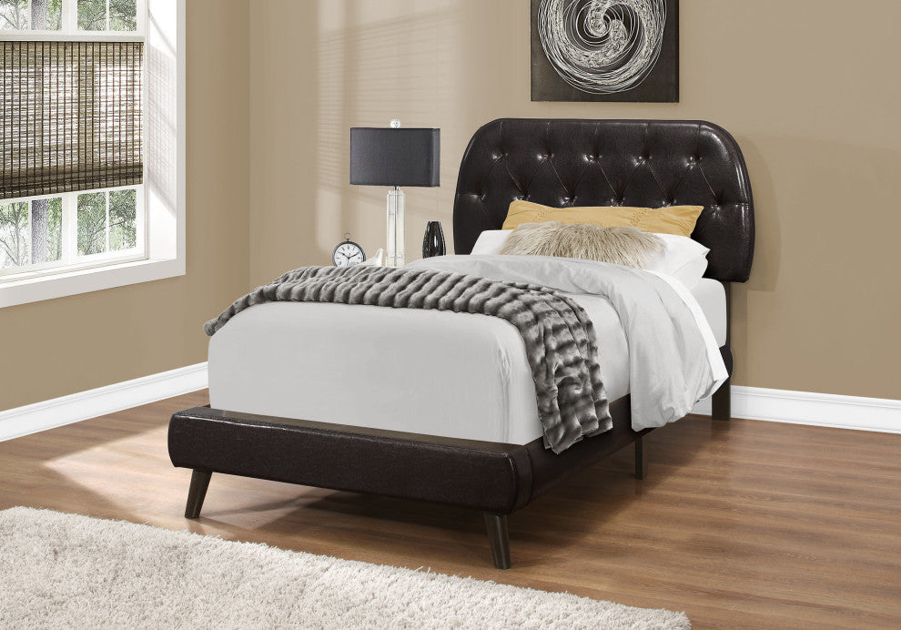 Bed, Twin Size, Platform, Teen, Frame, Pu Leather Look, Wood Legs, Brown