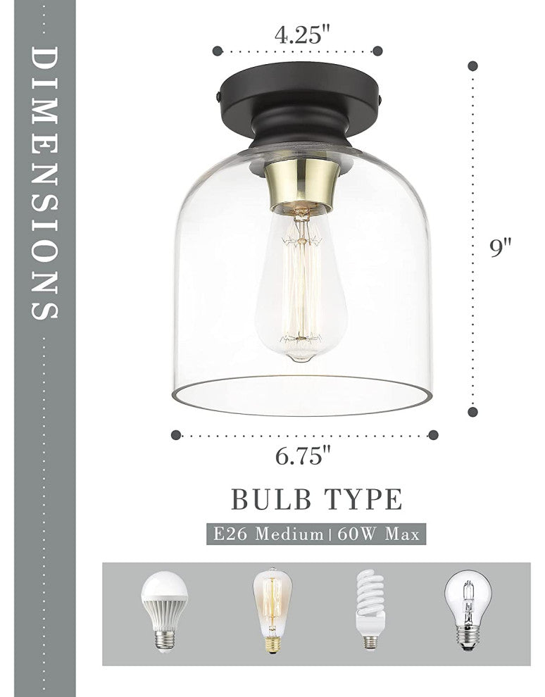 Black Semi Flush Mount Ceiling Light, Industrial