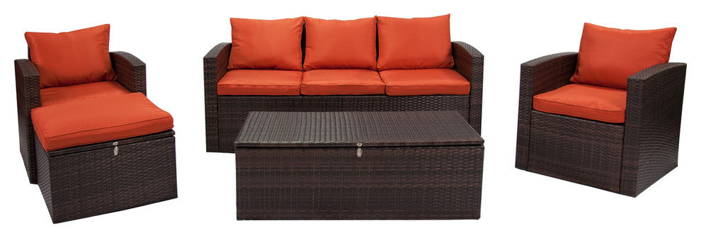 Rio 5-Piece Wicker Conversation Set With Storage and Ottoman, Dark Brown Wicker/