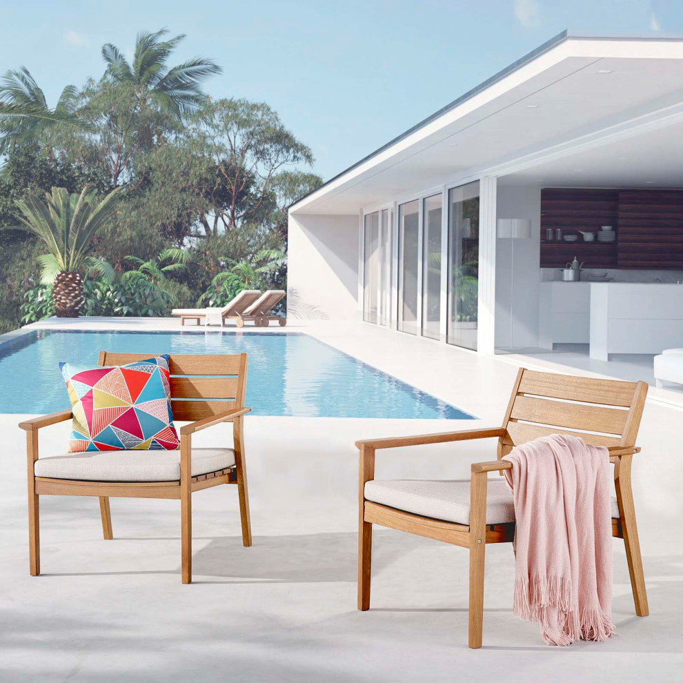 Lounge Chair Armchair, Set of 2, Wood, Brown Natural Taupe Gray, Modern, Outdoor