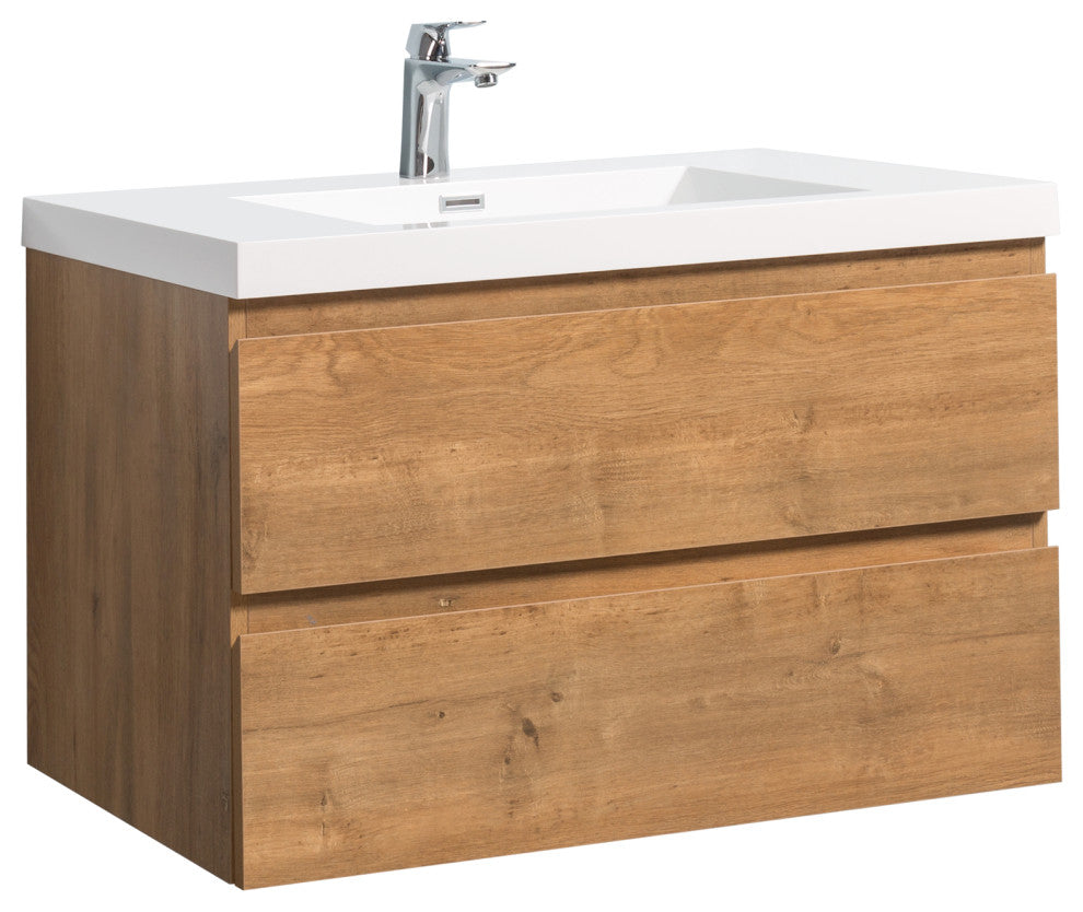 Alma-Pre Wall Mount Vanity With White Sink, Natural Oak, 42"