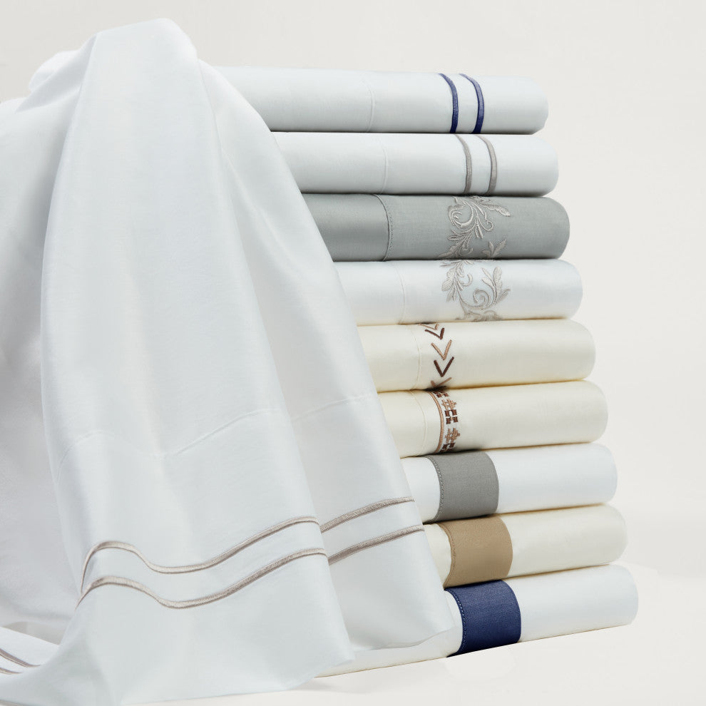 350 TC White Sheet Set With Gray Stripe Embroidery, Queen