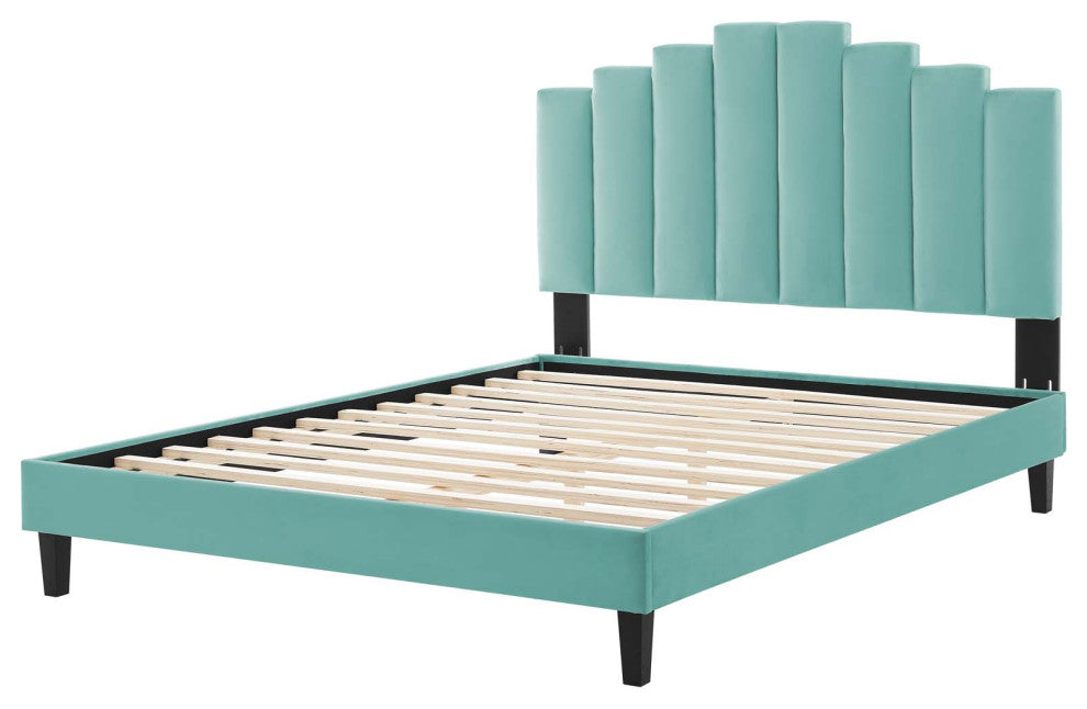 Platform Bed Frame, Twin Size, Velvet, Blue, Modern Contemporary, Bedroom Master