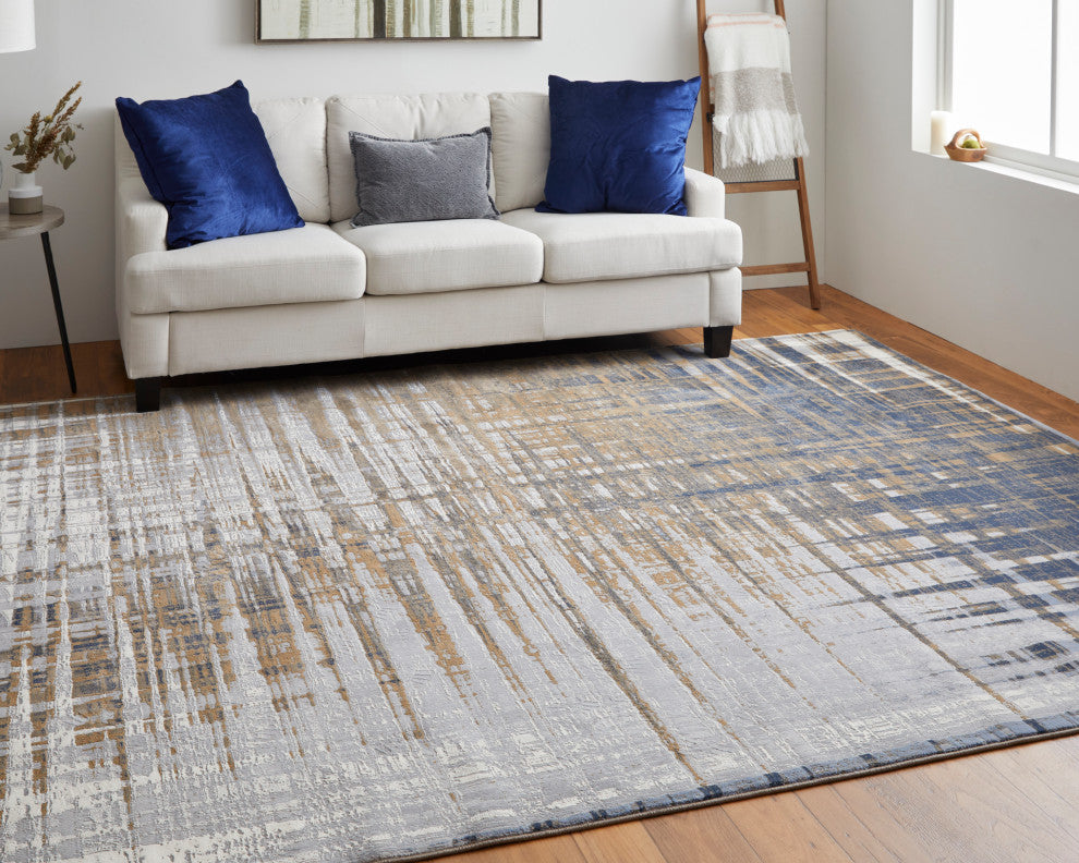 Takara Modern Abstract, Blue/Orange/Gray, 3'10"x6' Accent Rug