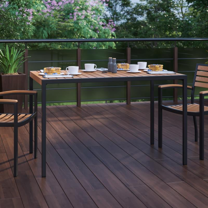 Lark 30" x 48" Steel Framed Patio Dining Table With Umbrella Holder Hole-Teak