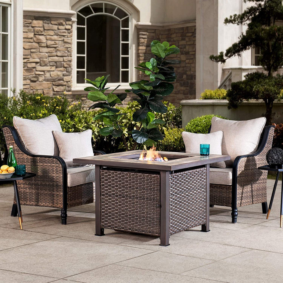 Sunjoy 38" Outdoor Patio Brown Square All-Weather Wicker Fire Pit Table