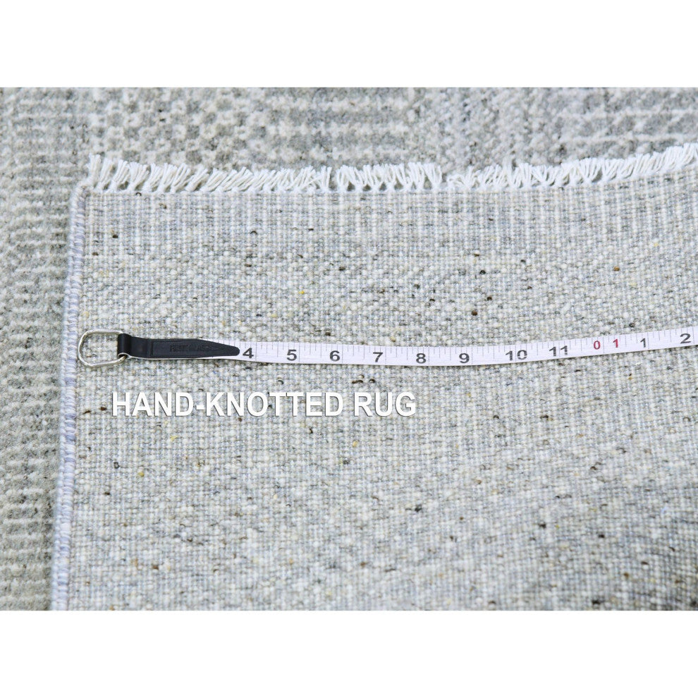 Pastel Gray Hand Knotted Grass Design Organic Undyed Wool Runner Rug 2'6"x10'2"